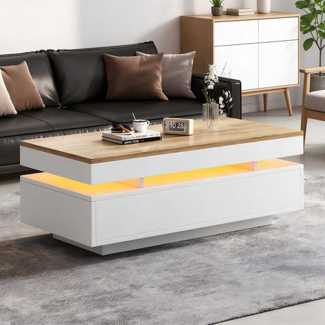 Tavolo da caffè in truciolare bianco effetto legno lucido 100 cm con 2 cassetti e LED