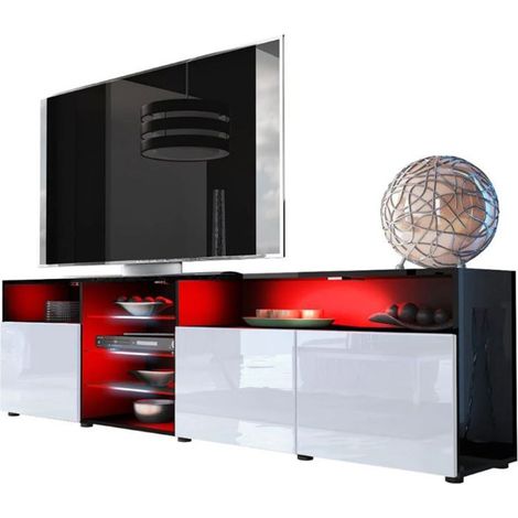 Dusine – Meuble TV 200 cm noir mat – Portes blanches laquées – Éclairage LED RGB – Rangement spacieux avec 2 placards et 2 niches (1/3)