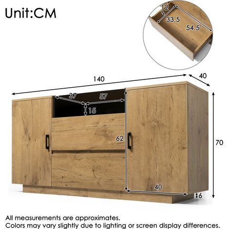 Commode chêne massif, 2 tiroirs + 2 placards (étagères ajustables) & espace ouvert - vitre trempée et poignées noires, H70 x L140 x P40 cm