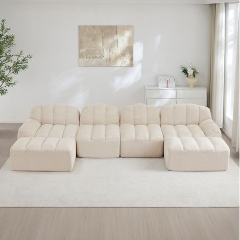 Canapé modulaire 4 places en polaire granulée beige blanc, forme U avec 2 ottomans, sans structure (1/5)