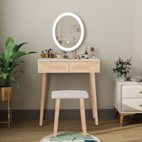 Puluomis – Coiffeuse LED avec miroir ovale et tabouret rembourré – 2 tiroirs – Éclairage LED réglable – Dimensions table 70x34x65 cm – Chêne (1/5)