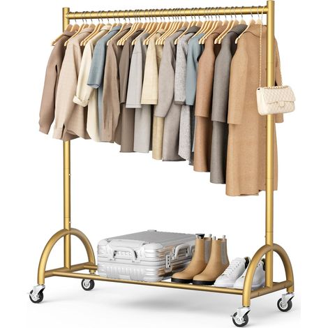 Porte-manteau lourd avec roulettes – Armoire mobile pour suspendre vêtements, vestes et chemisiers – Porte-manteau stable sur roulettes, design industriel doré (1/5)