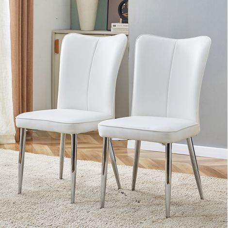 Set 2 sedie da pranzo bianche e argento in PU, design semplice, gambe in metallo, 67x57,5x43 cm (1/5)