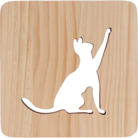 Lampe en bois sculpté, chat 3D LED stéréo, veilleuse enfants avec design ajouré, alimentation USB, décoration lumineuse pour chambre. (1/5)