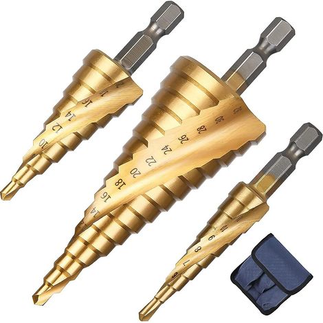 Juego de 3 brocas escalonadas de ranura helicoidal, aptas para taladrar acero, latón y madera. (1/5)