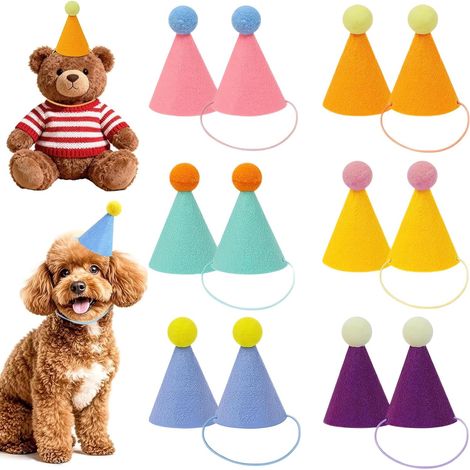 Chapeaux de fête JeiibrZui pour animaux de compagnie - Mini chapeaux d'anniversaire avec élastique - 12 pièces en 6 couleurs - Polaire sans danger pour chiens, chats et peluches (1/5)