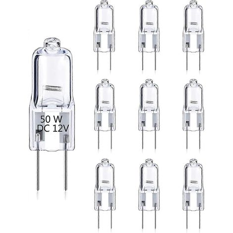 Lot de 10 ampoules halogènes G6.35 50 W, 12 V CC, dimmables, blanc chaud 2700 K, 2 broches, ampoule à capsule transparente, pour lustre ou bureau. (1/3)