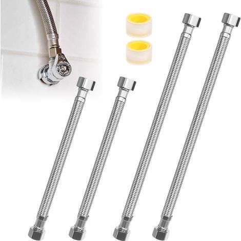 Lot de 4 tuyaux flexibles 3/8" - Filetage intérieur 3/8" - Rallonge de raccordement d'eau - 30 cm/20 cm - En acier inoxydable - Pour robinet, salle de bain, WC (1/5)