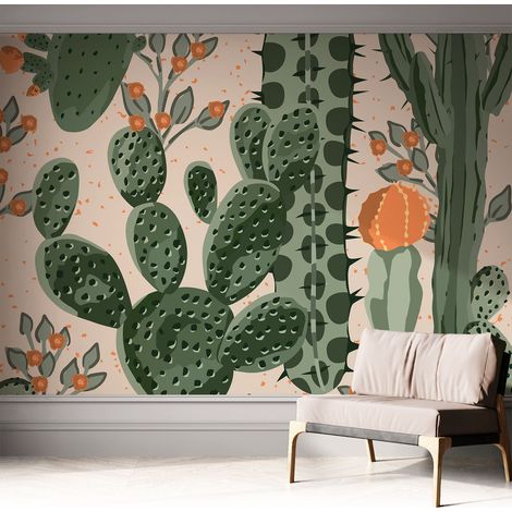 Tapete Selbstklebend - abwaschbar - Tapete mit Motiv - trendige Wanddeko - elegant Fototapete Grüne Kakteen 312x219 cm (1/5)