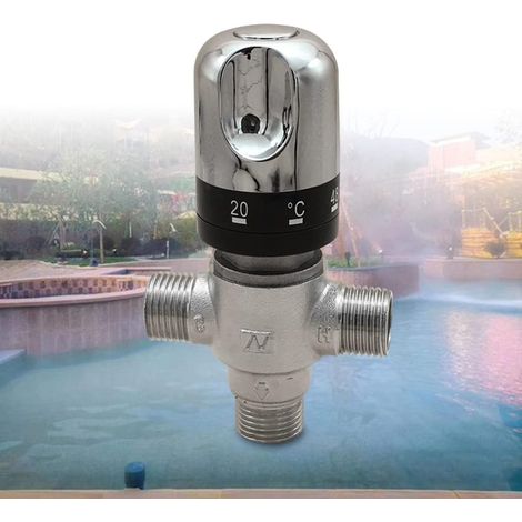 G1/2" 3-Wege Brauchwasser Mischer, 10bar Mischventil Thermostat Verbrühschutz 20-55°C Rohr Becken Thermostat Control für Dusche System Wassertemperaturregelung