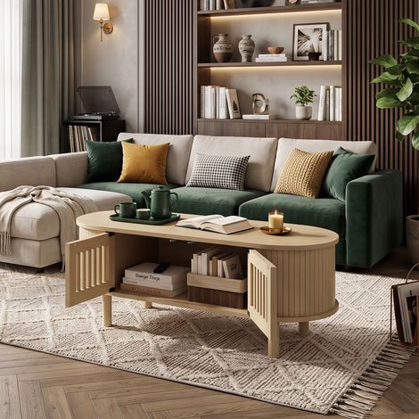 Creahappy Table Basse Ovale avec Rangement 100x40x38 cm - Gain de Place Salon - Style Scandinave Vintage en Bois - Chêne Clair (1/5)