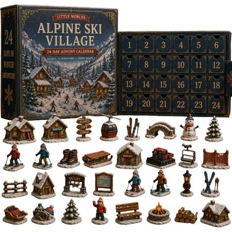 Adventskalender 2026 – 24 Teile – Dunkelblau, Weiß, Rot – Acryl – 24 Tage mit alpinen Skidorf-Minifiguren – Weihnachtsdekoration – geeignet für Weihnachtsfeiern und als Dekoration für die Wohnung. (1/5)