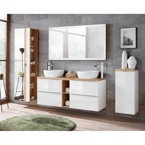 Badmöbel Set mit Doppel-Waschtisch und 140cm LED-Spiegel TOSKANA-56 Hochglanz weiß mit Wotaneiche, BxHxT ca. 260/190/46cm (1/5)
