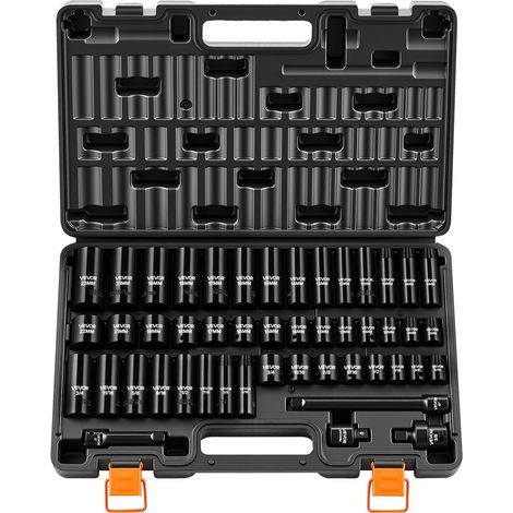 Jeu de Douilles à Choc 3/8", 48 PCS, Douilles à 6 Pans en Acier Allié Cr-V, Métriques 8-19 mm, 21-22 mm, SAE 5/16"-3/4", avec Rallonge, Adaptateur et Mallette de Rangement, pour Véhicules (1/5)