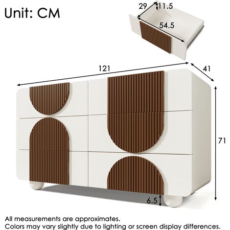 Commode 6 tiroirs, design incurvé, buffet élégant blanc avec liserés en bois chocolat, tiroirs coulissants silencieux et antidévirement, 121x71x41 cm (L/H/P) (1/5)
