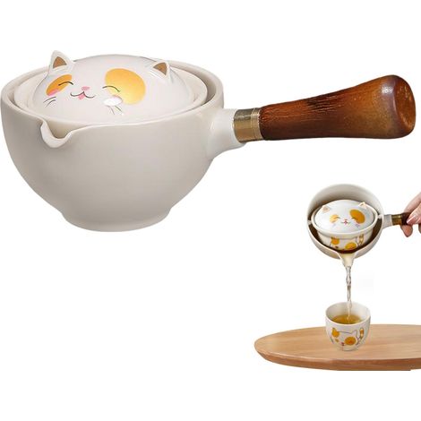 Théière en céramique, théière à 360 degrés à 360 degrés Cat Cat céramique Chinois Téapot avec passoire détachable et fabricant de thé à manche en bois pour outil de fabrication de thé en vrac, théièr