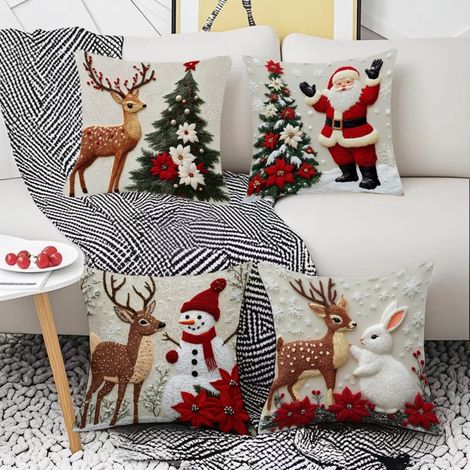 Housse De Coussin De Noël - Motif Lapin - Lin - 45x45 Cm - Décor Hivernal Pour Salon - Lot De 4 (1/5)