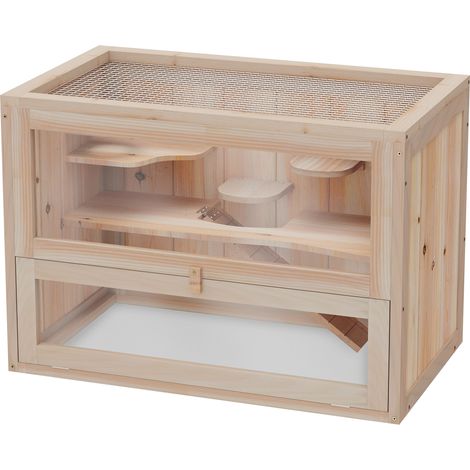 Cage en bois  pour hamsters, 2 niveaux, 60 x 35 x 42 cm, cage pour rongeurs et petits animaux avec toit grillagé à charnières, biberon, rampe, balançoire, mangeoire, cage pour souris et hamsters nains