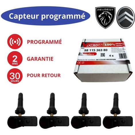 Lotto di 4 sensori TPMS preprogrammati 433 MHz per PEUGEOT / CITROËN - rif 9811536380/9802003680