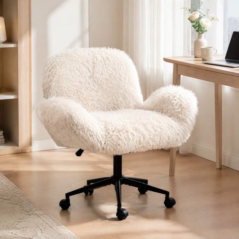 Drehbarer Bürostuhl mit Rollen, höhenverstellbar, klappbare Armlehnen, Beige HAVRYA (1/5)