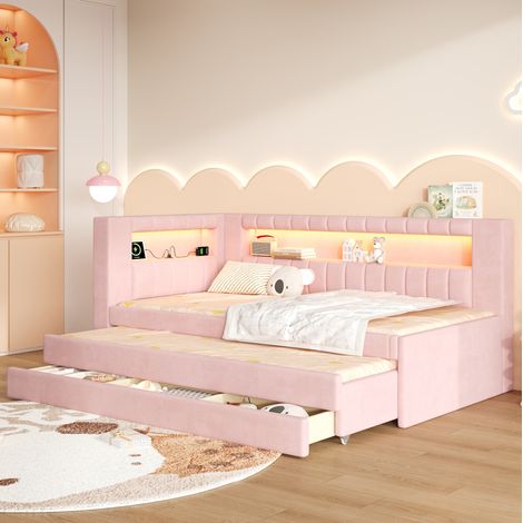 Letto da giorno imbottito 90 x 200 cm con letto estraibile, 3 cassetti, LED e USB, rosa (1/5)