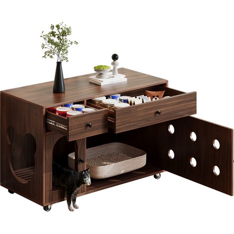 Meuble Litière Chat – Maison de Toilette pour Chat – Armoire Cache-Litière avec Tiroirs et Plateau Amovible – 100 x 45 x 66 cm – Noyer (1/5)