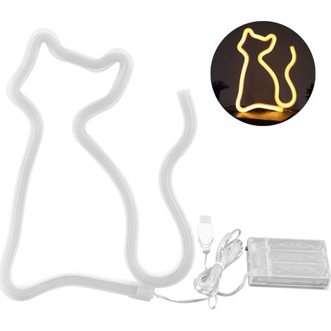 Chat en forme de néon LED lumineux, décoration artistique pour mariage fête, alimenté par USB ou batterie, couleur chaude.