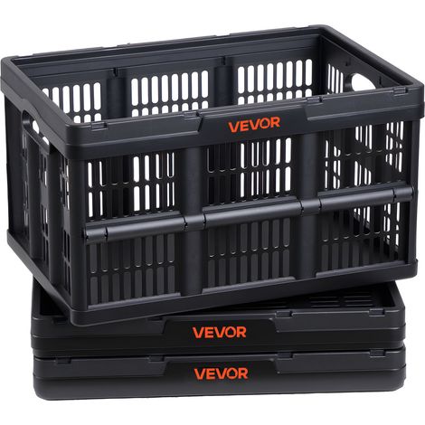 VEVOR Caisse Plastique Pliable 45 L Lot de 3, Cagette Pliable avec Poignees, Charge Max. 15 kg par Caisse, Bac de Rangement Empilable pour Maison, Camping, Voiture et Courses, Organisateur de Coffre