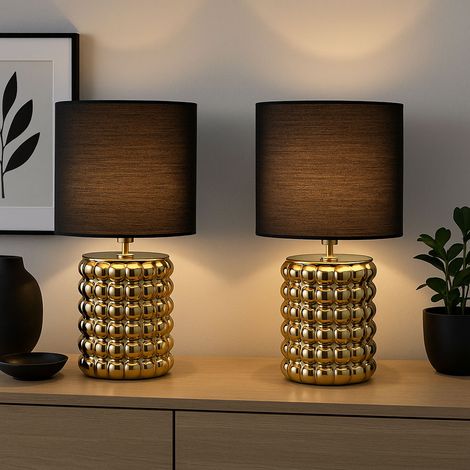 Lampada da tavolo soggiorno lampada da comodino in ceramica oro nero, paralume in tessuto, 1x attacco E14, DxH 18,5x33 cm, set di 2