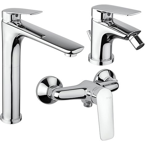 Set Rubinetti Piralla per lavabo alto e bidet con scarico automatico e doccia esterno serie Lago cromato (1/5)