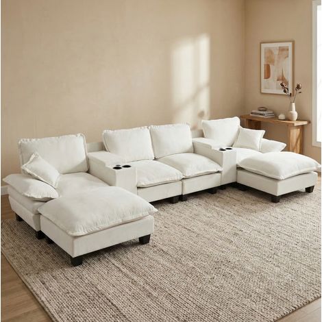 U-Sofa Chenille Beige 392x151x90 cm mit USB, Stauraum und Getränkehaltern (1/5)
