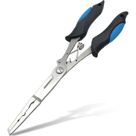 Pince de pêche à long bec en acier inoxydable pour enlever les hameçons et les lignes tressées - Pince à anneaux fendus pour eau douce et salée - 22,9 cm - Bleu (1/5)