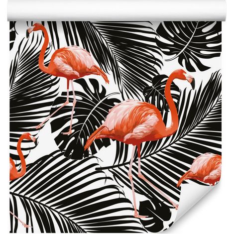Papel pintado de flamencos y hojas exóticas negras para salón y dormitorio, 50x1000 cm. (1/5)
