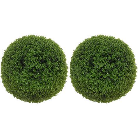 Un ensemble de deux boules en buis artificiel, de 40 cm de diamètre, convenant à la décoration intérieure ou extérieure, vert foncé. (1/5)
