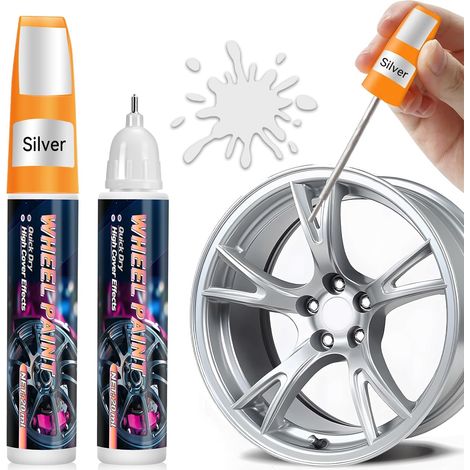 Lot De 2 Efface Rayure Voiture, 20 ml Stylo Anti Rayure Voiture, 2-In-1 Conception, Peinture Jante, Efface Rayure Jante Alu Convient Aux Voitures, Motos, Facile à Utiliser, (Argent) (1/5)
