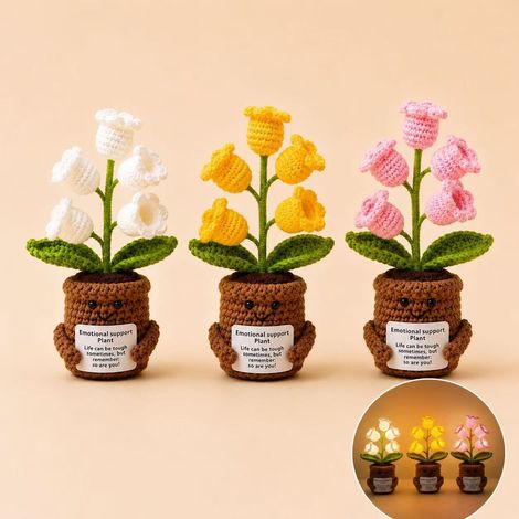 Trois plantes de muguet en pot crochetées à la main, une veilleuse décorative et une carte d'encouragement aux émotions positives. (1/5)
