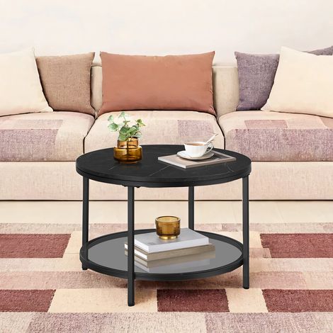 Table Basse, Table de Salon, Table Canapé Apéro, Façon Marbre, Support en Verre Trempé, Facile à Assembler, pour Salon, Style Moderne, Noir Marbré et Noir