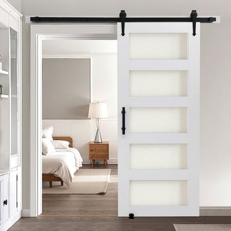 Porte de grange coulissante, 813 x 2134 mm, en panneau MDF et verre, kit de porte coulissante avec kit de quincaillerie, surface en PVC imperméable, facile à installer, cadre en H, pour salon (1/5)