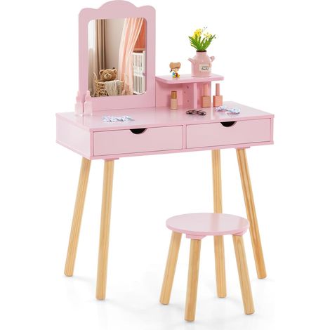 COSTWAY 2 en 1 Coiffeuse Enfant avec Miroir Rectangulaire Amovible & Tabouret Mignon, Table de Maquillage Princesse avec 2 Grands Tiroirs & Étagère, Charge 20/40kg pour Enfants de 3-7 Ans (1/5)