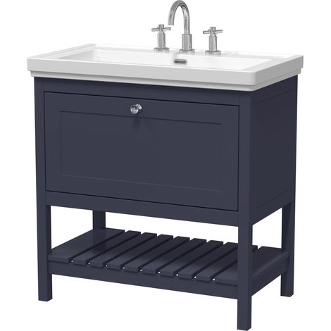 Balterley Coppenhall Bathroom Floor Standing 1 Drawer Vanity & 3 Tap Hole Fireclay Basin, Indigo Blue, 800mm (1/4)