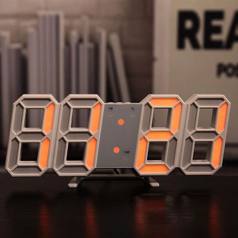 Horloge Murale Digitale LED 3D Silencieuse CADRE BLANC - Horloge de Bureau avec Alarme et Affichage Date/Température