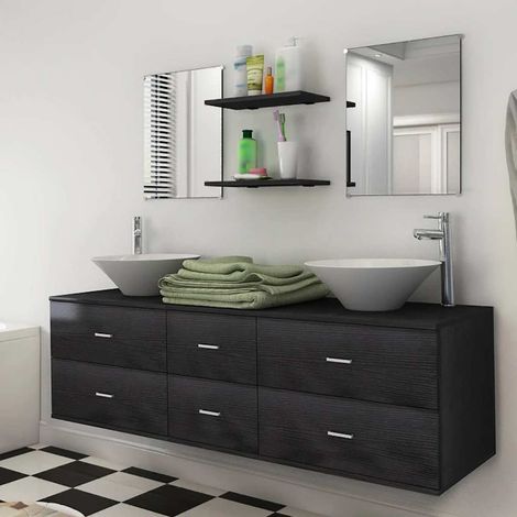 vidaXL Mobilier de salle de bain avec lavabo 7 pcs Noir (1/5)
