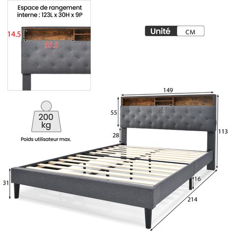 Letto Matrimoniale 140×200 cm con Testiera Contenitore, LED e Scomparti, senza Materasso, Grigio (1/4)