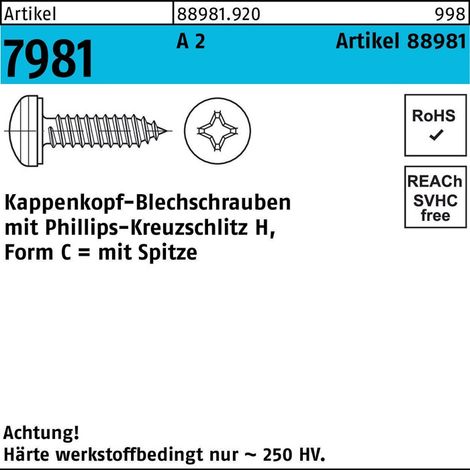 Kappenkopf-Blechschraube VG 3,9x38 Edelstahl A2 blank PH 500 Stk (1/2)