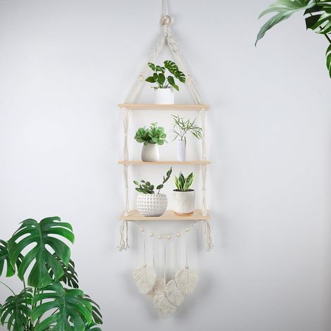 Étagère murale en bois - 3 animaux - En macramé - Sans perçage - Décoration bohème - Tissée à la main - Étagère flottante pour salon (1/5)