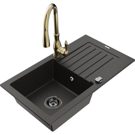 Mexen Pablo lavello in granito a 1 vasca con sgocciolatoio e miscelatore da cucina Savita, nero/oro metallico (1/5)