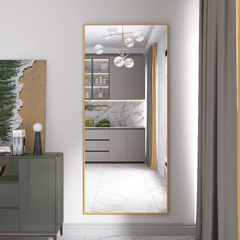 Miroir sur Pied Pleine Longueur 180x80cm, Rectangulaire, Miroir pleine longueur, verre trempé, Miroir Mural & Autoportant pour Salon, Entrée, Chambre, Dressing, Doré (1/5)