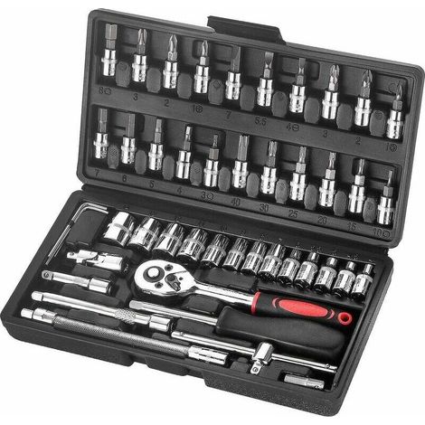 Juego de llaves de vaso de 46 piezas, juego de llaves de vaso de 1/4", juego de herramientas de trinquete, cromo vanadio (Cr-V) para trabajos de automoción, bricolaje y reparación. (1/5)