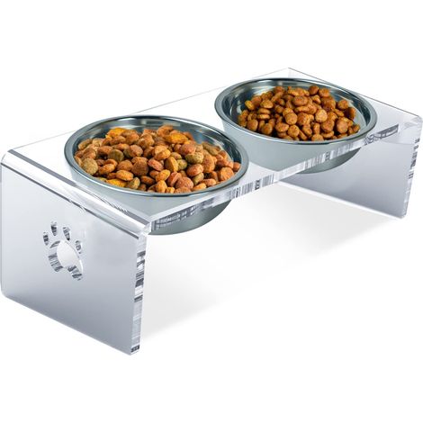 Comedero elevado para gatos, comedero elevado para perros, estación de alimentación inclinable a 15° con soporte de acrílico, dos cuencos de acero inoxidable (10-12 cm de altura) (1/5)