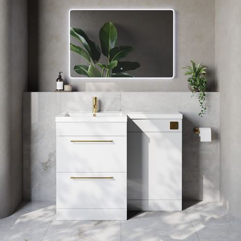 Napoli 460 Gloss White 1100mm 2 Drawer Vanity Unit Toilet Suite with Left Hand Square Lucia Basin - 1100mm - Brushed Brass 320mm HandleWithout Kingston Toilet Pan
